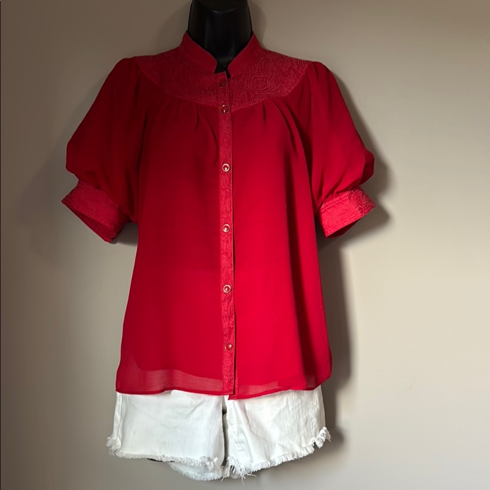 Anthropologie Red Puff Sleeve Blouse with Mandarin Collar